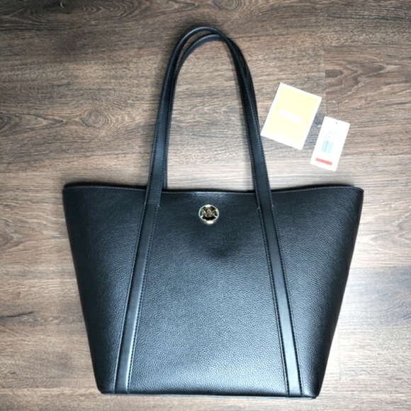 NWT Michael Kors Hadleigh Large Double Handle Leather Tote Bag Black Leather - Picture 1 of 7